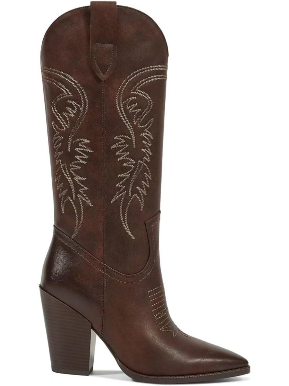 Women Matte Dark Brown Faux Leather Cowboy Pointed Toe Chunky Heel Western Boot - Picture 4 of 6